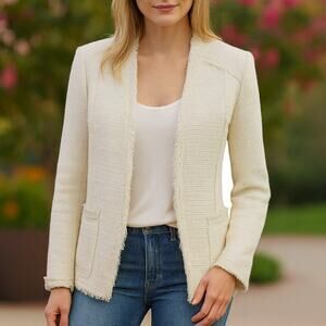 Rebecca Taylor SZ 4 Tweed Open Front Blazer Cream With Fringe Woven Silver NWOT